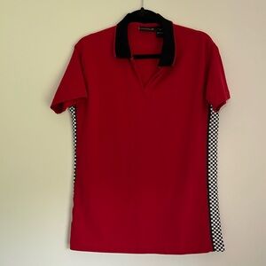 🏁🏎️ Marks and Spencer red polo with race stripes on sides XL v neck F1 shirt